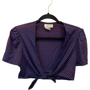Terri Juniors Tie Front Cropped Top Purple‎ Polka Dots Juniors 11 Short Sleeve